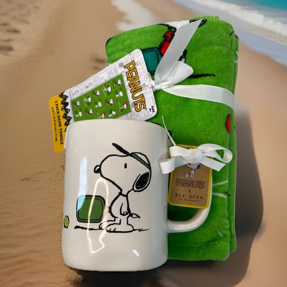 NEW Peanuts Snoopy PICKLEBALL Gift Set Rae Dunn Mug & 2 Pk Cotton Hand Towels
